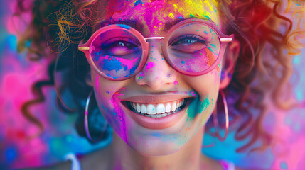 Cheerful woman at the festival of colors Holi	
