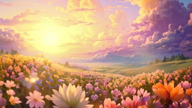 Beautiful fantasy landscape with meadow and flowers. Digital painting, Colorful flower garden and beautiful sky landscape, AI Generated