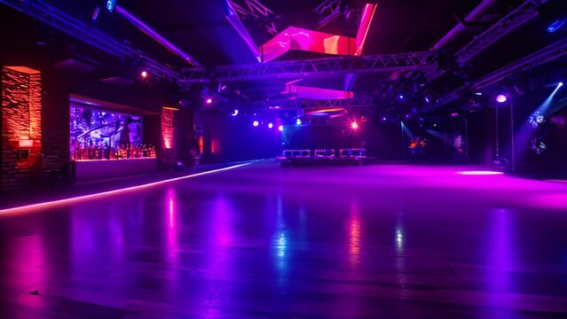 Interior of a modern night club with bright lights. Night club, colorful interior of bright and beautiful night club with dark seats and glowing lights, AI Generated