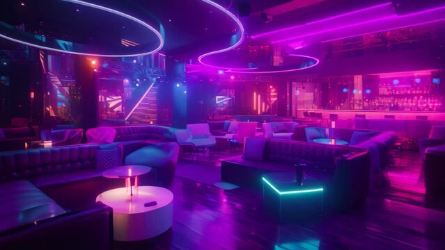 Interior of a beautiful night club with bright lights and sofas, colorful interior of bright and beautiful night club with dark seats and glowing lights, AI Generated