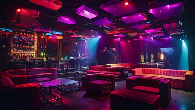 Interior of a night club with neon lights. Colorful background, colorful interior of bright and beautiful night club with dark seats and glowing lights, AI Generated