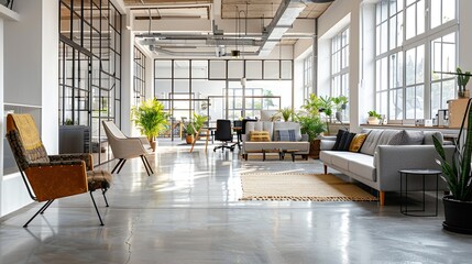A modern office interior with a minimalist design and natural light, great for adding a clean and spacious look to designs