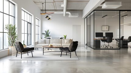 A modern office interior with a minimalist design and natural light, great for adding a clean and spacious look to designs
