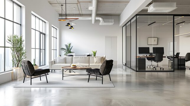 A modern office interior with a minimalist design and natural light, great for adding a clean and spacious look to designs
