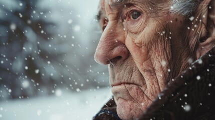 This image shows a close-up of an elderly man deep in thought while surrounded by snow, symbolizing