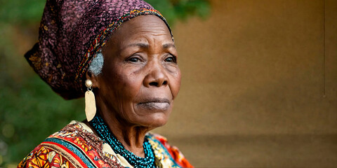 A thoughtful African elder in a headwrap gazes into the distance, her expression rich with stories.