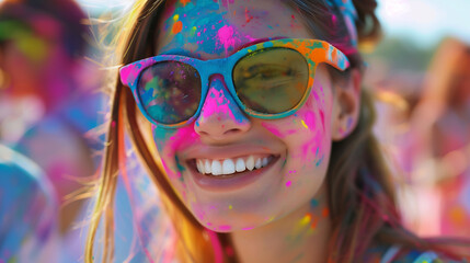 Cheerful woman at the festival of colors Holi	
