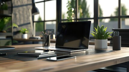 A modern office workspace with the latest office equipment such as a laptop and great for adding a...
