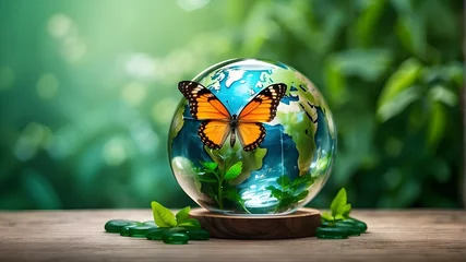 Foto op Plexiglas Idea Preserve the ecosystem and the world. The world is a crystal earth globe with a tree, saving the environment, and grass on a green bokeh background.   © Ali Khan
