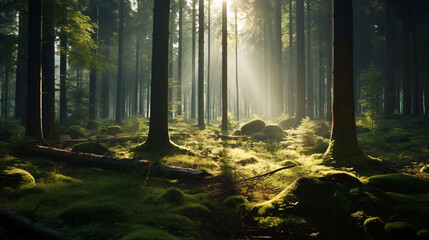 A tranquil forest with sunlight filtering 