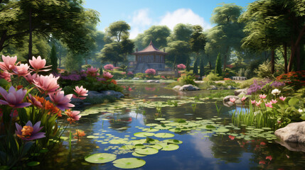 A tranquil garden with blooming flowers and a peaceful