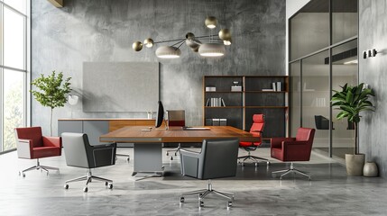 A modern office interior with cutting-edge office furniture and decor, great for adding a modern and stylish look to designs