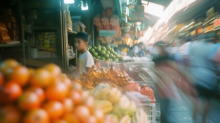 Hazy Hustle: A child's labor fades into the blur of the market, a silent participant in the bustling commerce. - obrazy, fototapety, plakaty