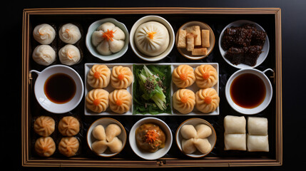 A tray of assorted dim sum including dumplings and bun