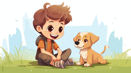 Obraz na płótnie Canvas Cartoon image boy close friend dog food cute background