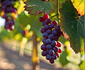 Soft sunlight bathes clusters of crimson grapes, gracing the vine in a tranquil vineyard vista,...
