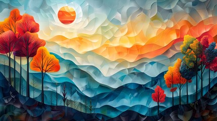 Cubist Autumn Landscape Combating Mercury Pollution's Adverse Effects on Nature - obrazy, fototapety, plakaty