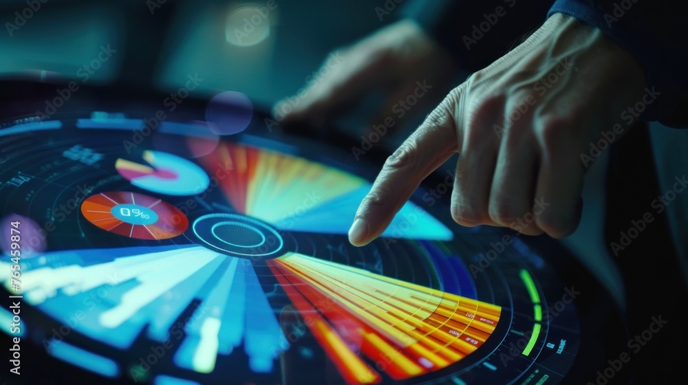 Poster detailed digital business analytics displayed on an interactive touch screen interface