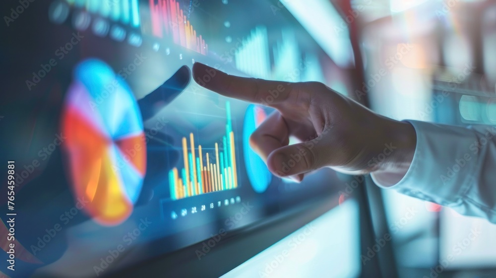 Poster hand touching an innovative, futuristic touchscreen with diverse analytics and data