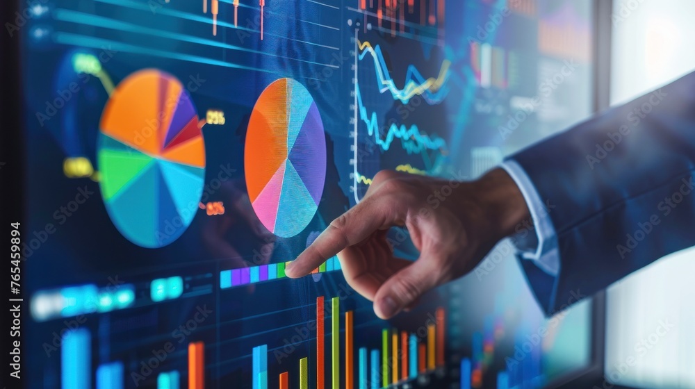 Poster an executive's hand gestures over colorful interactive financial charts on a sophisticated digital d