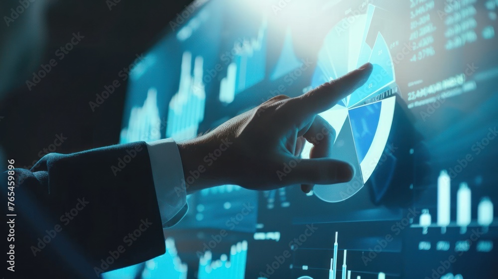 Poster a businessman in formal attire closely examines a digital pie chart statistic on a forward-looking i