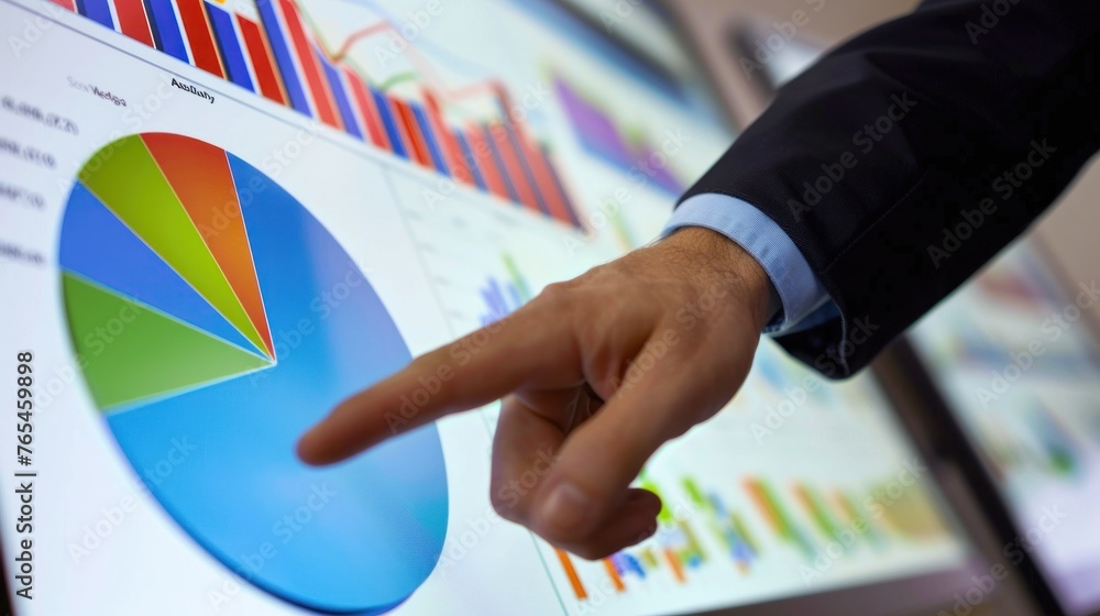 Poster a business executive interacts with a tablet showcasing pie charts and other statistical data repres