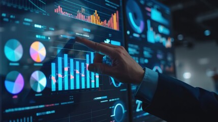 A professional analyzing interactive data graphs and charts on a digital touchscreen interface Insight, business growth, and technology concept