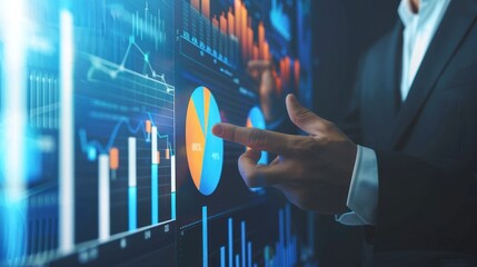 Analyzing complex market trends through interactive digital charts, a businessman navigates through data