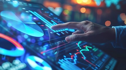 Close-up of a hand interacting with advanced digital data charts and analysis on a high-tech screen