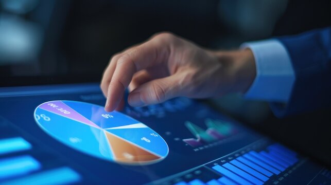 An executive managing and manipulating data with a touch on a futuristic interactive display showing pie charts