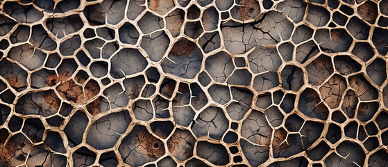 Detailed close-up of a textured rock wall with natural holes and crevices, showcasing the passage of time through erosion and weathering. Background for design