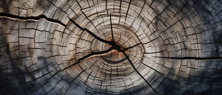 Whispers of time. A detailed close-up of a tree trunk reveals the intricate patterns of its cross section, showcasing the passage of time through its growth rings. Background for design