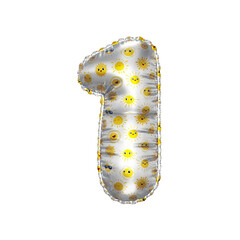 3D inflated balloon Number 1 with metalic chrome surface and yellow sun smiley childrens pattern