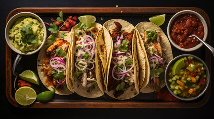 A tray of Mexican tacos with beef chicken and a variet - obrazy, fototapety, plakaty