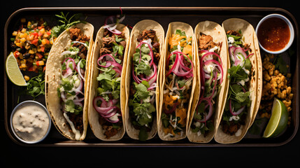 A tray of Mexican tacos with beef chicken and a variet - Powered by Adobe