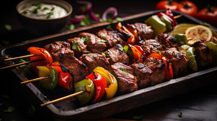A tray of Middle Eastern kebabs with grilled meat and - Powered by Adobe
