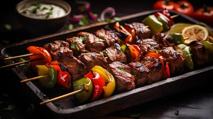 Foto op Plexiglas A tray of Middle Eastern kebabs with grilled meat and © Jafger
