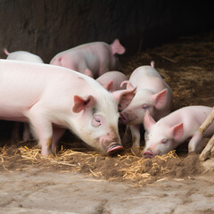 Small pigs at the farm,swine in the stall. Meat industry. piglets newborn with mother pigs eating milk.