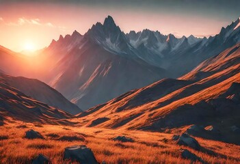 sunset in the mountains - obrazy, fototapety, plakaty