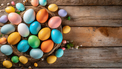 Multitude of colored Easter eggs on wooden surface
