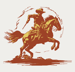 Vintage Cowboy on a Bronco Horse Jumping Western Rodeo Wild West Vector Illustration