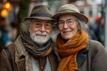 nice elderly couple walks in nature in summer