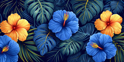 Seamless pattern with Tropical flowers and leaves