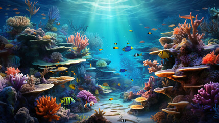 Fototapeta na wymiar A vibrant coral reef teeming with marine life.