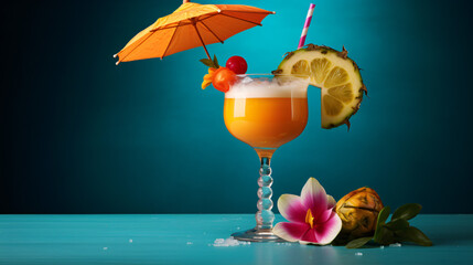 A vibrant tropical cocktail with an umbrella and fruit