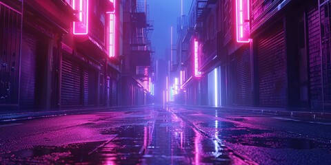 A visually stunning 3D image of a cyberpunk-inspired metropolis with neon lights, a desolate street, and a gritty urban setting.