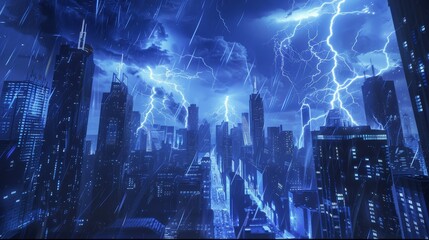 Electrifying Cityscape Captivating Lightning Storm Illuminating Skyscrapers in Urban Jungle