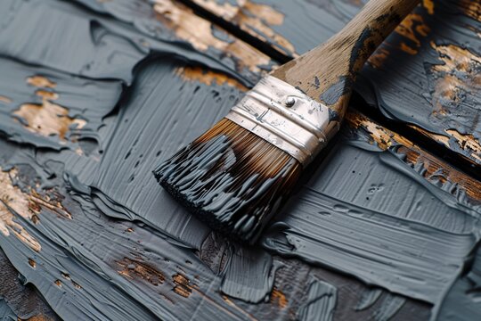 Renovating furniture with a grey paint brush for a home improvement project.