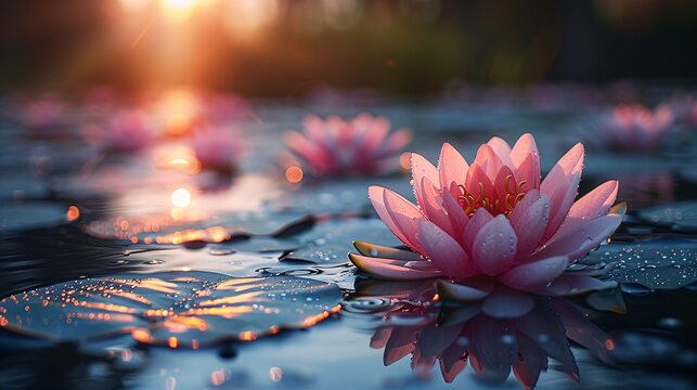 Rosaline lotus illuminated by rays of sunlight.