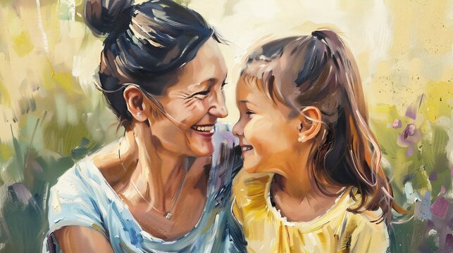 Smiling mom and daughter creating art with watercolor paint.